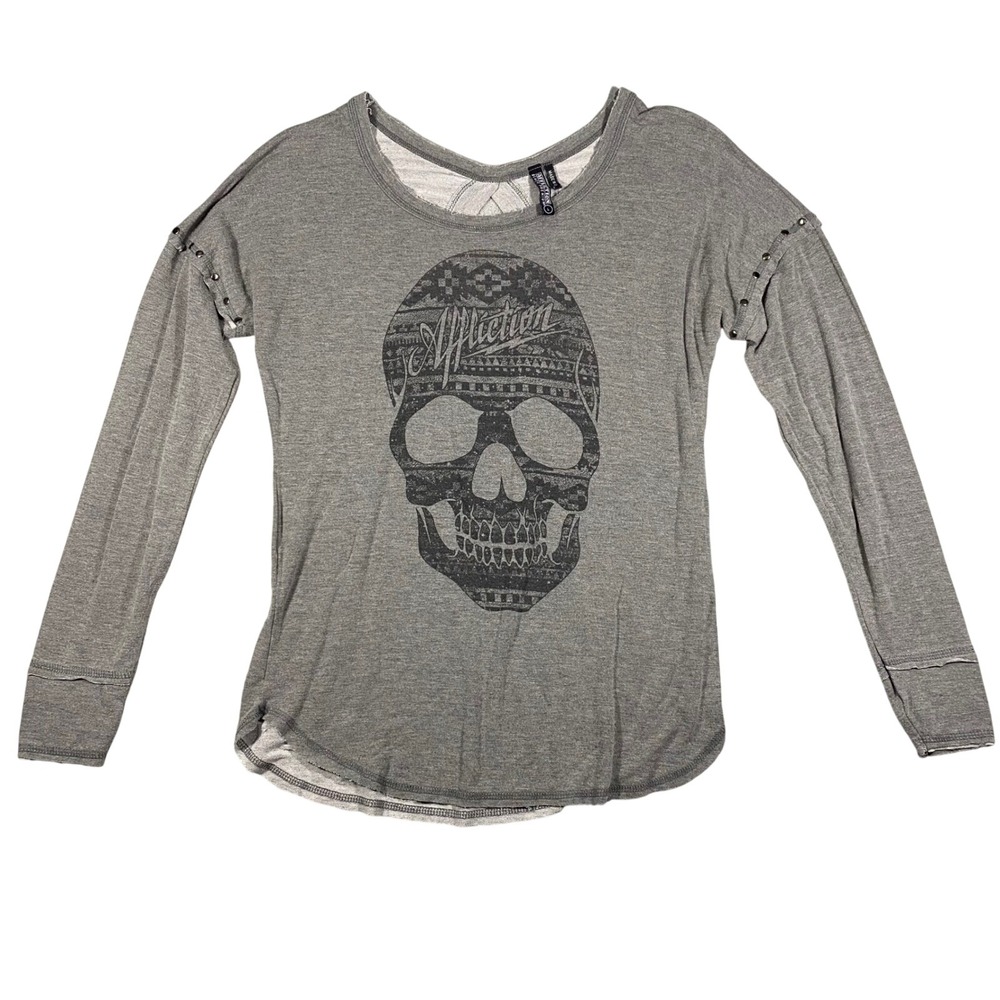 Affliction Graphic Top Womens Large Grey Skull Studded Keyhole‎ Back Long Sleeve